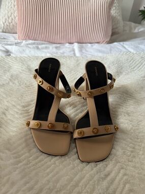 Versace Nude T-Strap Sandals with Gold Medallion Studs